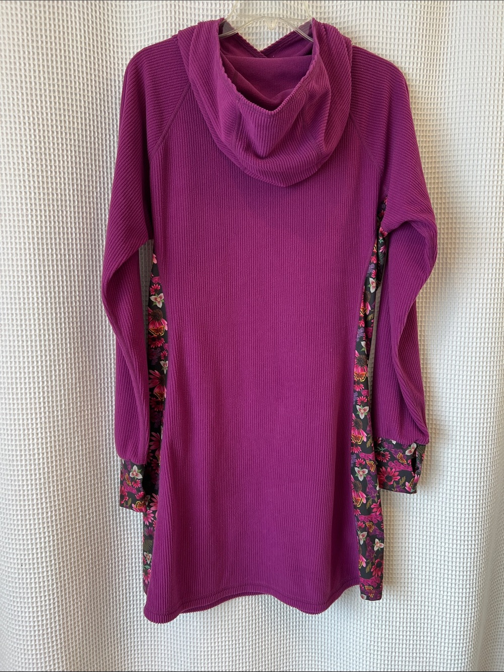 Womens Youer Dark Magenta Hooded Long-Sleeve Dress with Floral Trim - Picture 5 of 5